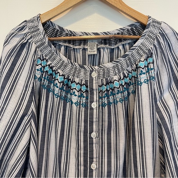 Catherines Button Up Blouse Women’s 2XL Smocked Striped 3/4 Sleeves Embroidered - Picture 3 of 10
